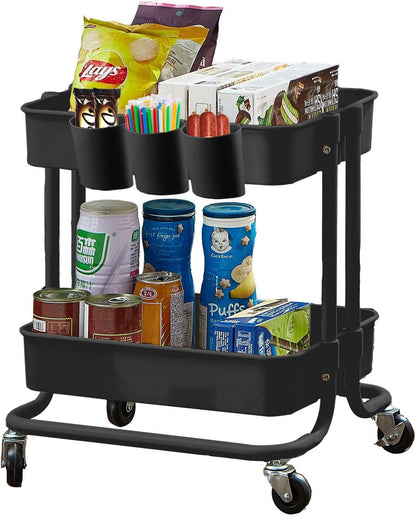 2-Tier Utility Rolling Cart Storage Sofa Side Table with Wheels, Mobile Trolley Organizer with for Office Home Kitchen Organization, Cream White