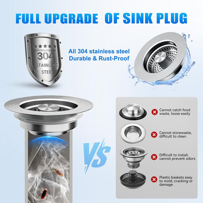 Kitchen Sink Drain Strainer 3-in-1,Pop-Up Stopper & Anti-Clogging Basket - 304 Stainless Steel Sink Strainer Anti-Clogging Sink Drain Strainer for US Standard Kitchen Drain