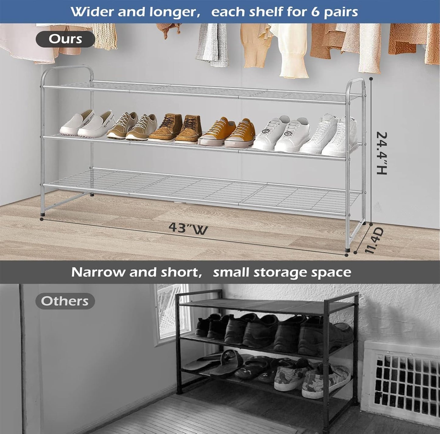 KEETDY 3-Tier Long Shoe Rack for Closet Metal Shoe Organizer for Entryway, Wide Stackable Shoe Storage Shelf with Sturdy Wire Grid for Closet Floor, Bedroom, Black