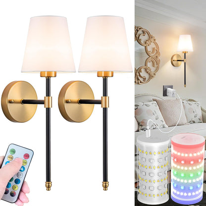 Nekhung Battery Operated Wall Sconces Set of Two, Wireless Battery Wall Light with 10000mAh RGB Dimmable Magnetic Bulb and Remote, Rechargeable Sconce Wall Decor for Bedroom Living Room Hallway
