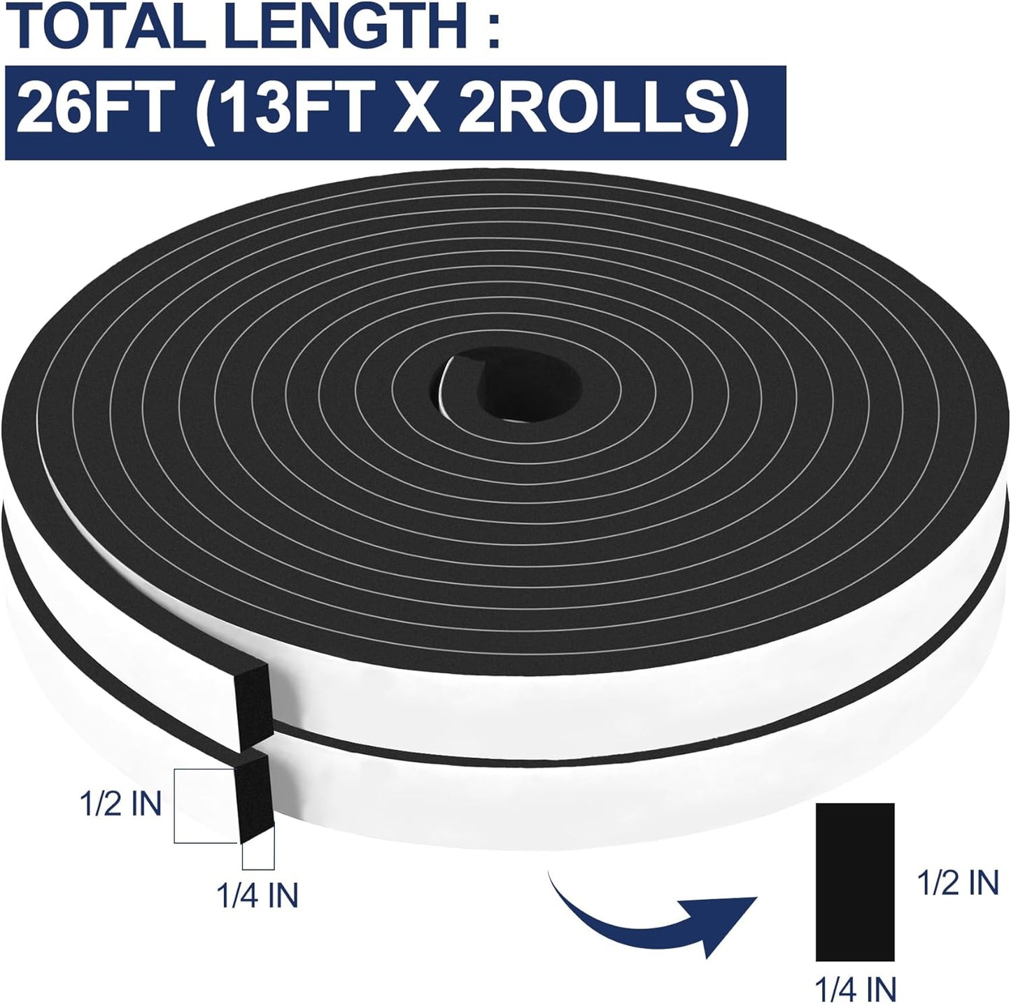 66Ft Foam Tapes Self Adhesive Foam Seal Strips 1/2In x 1/8In x 33.1Ft Each Roll Weatherstrips High Resilience Weather Stripping Door Seals for Door Soundproofing, Window Insulation (2R, White)