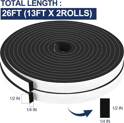 66Ft Foam Tapes Self Adhesive Foam Seal Strips 1/2In x 1/8In x 33.1Ft Each Roll Weatherstrips High Resilience Weather Stripping Door Seals for Door Soundproofing, Window Insulation (2R, White)