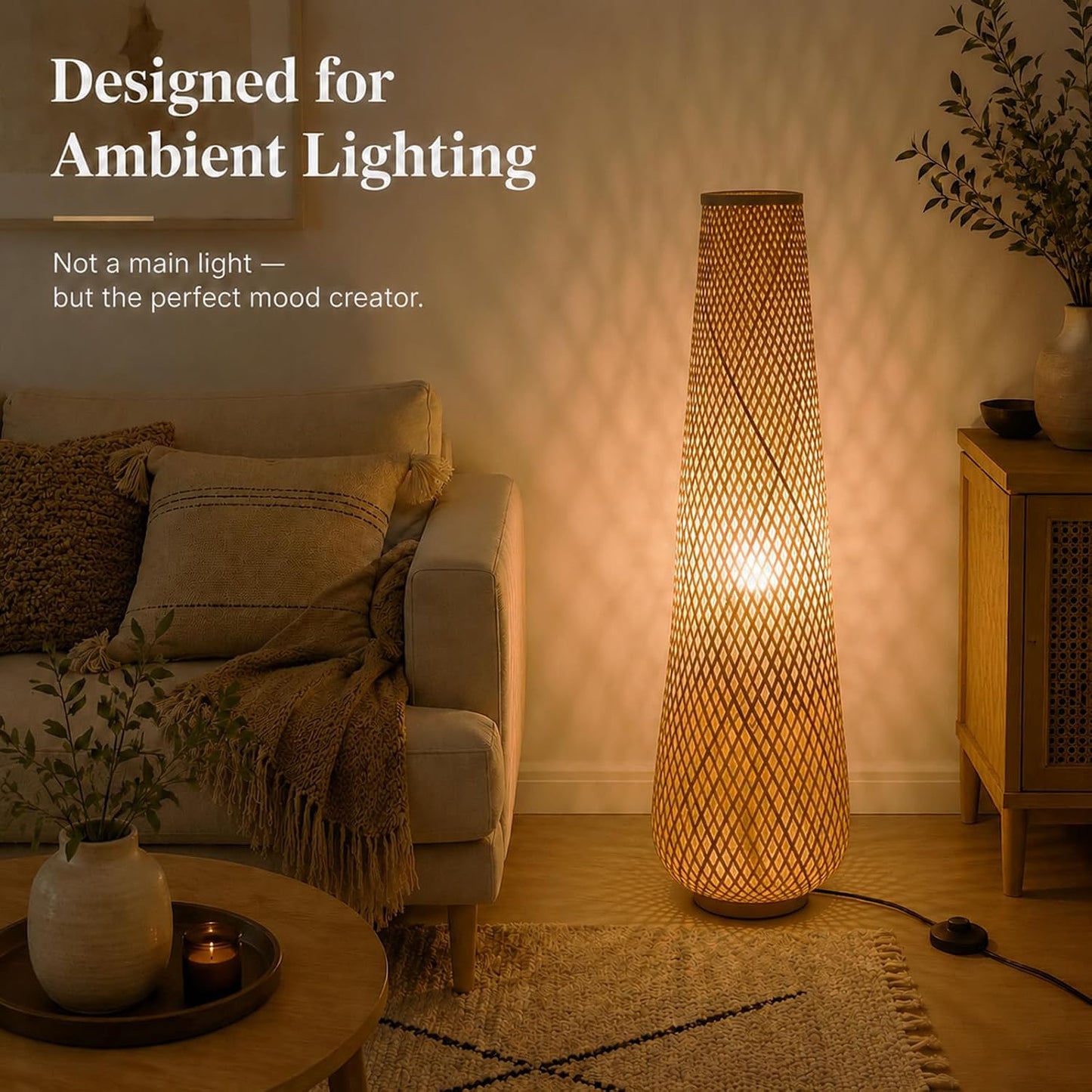MIXL-Farmhouse Style Bamboo Floor Lamp,Large Wicker Indoor Floor Light,Boho Standing Light Plug in,Modern Minimalist Standing Lamp for Living Room Bedroom