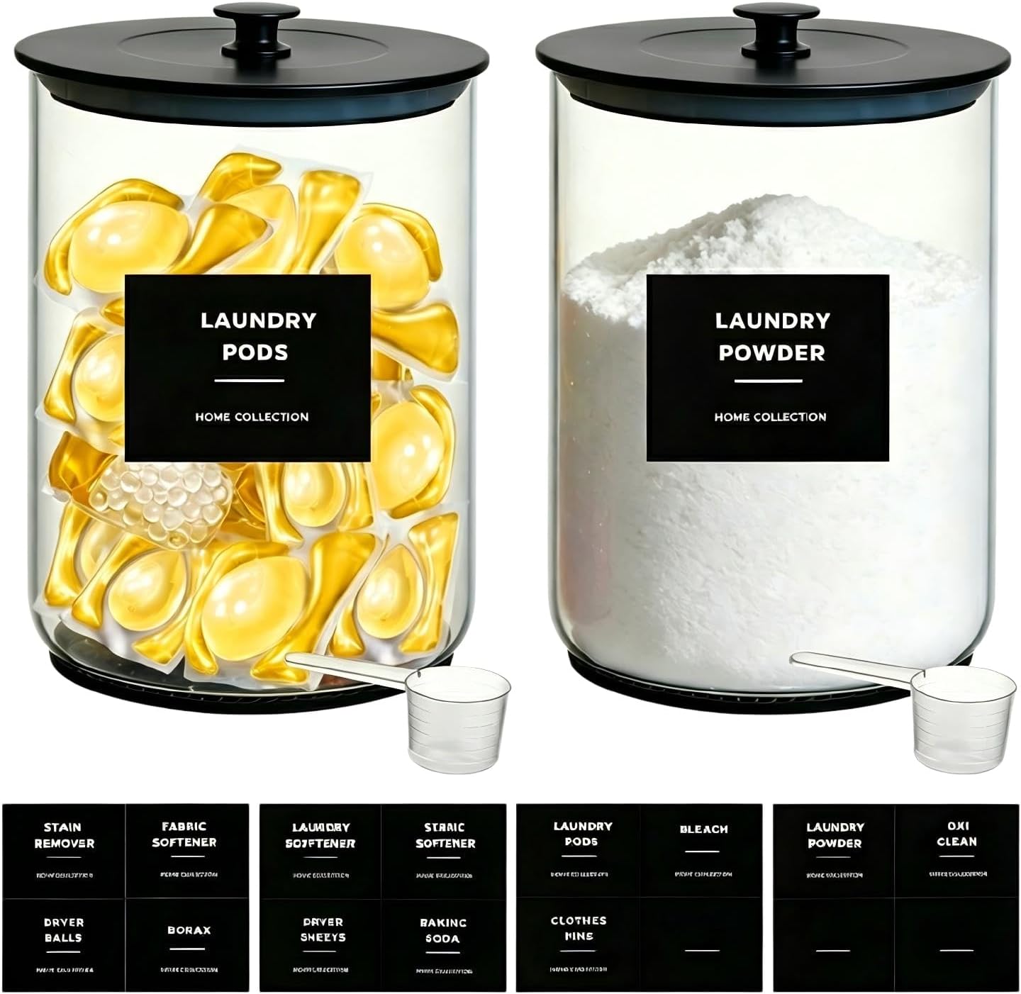 1 Gallon Glass Laundry Detergent Dispenser - Borosilicate Glass Canister Jar with Airtight Lid, Scoop & Silicone Mat, 16 Labels for Laundry Room Organization Powder Soap Pods Container (2, Black)