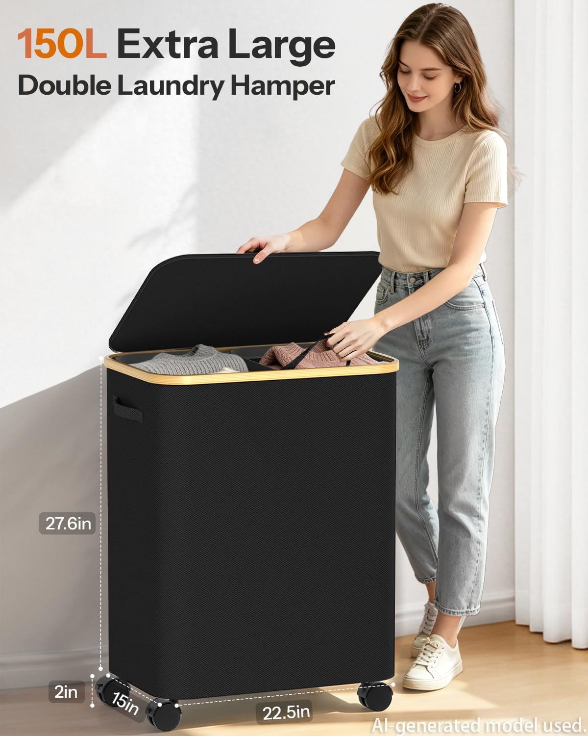 Double Laundry Hamper with Lid and Wheels, 150L Large Laundry Basket with 2 Sections & Removable Liner Bags, Rolling Dirty Clothes Basket with Handles for Bedroom, Bathroom, Dorm, College