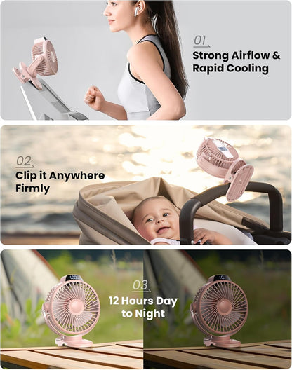 Koonie Portable Clip On Fan, Small Rechargeable Battery Operated, 3 Speed Mini clamp Fan With LED Display, 360° Rotate Personal Cooling Desk Fan for Stroller Bed Travel Camping Golf Gym