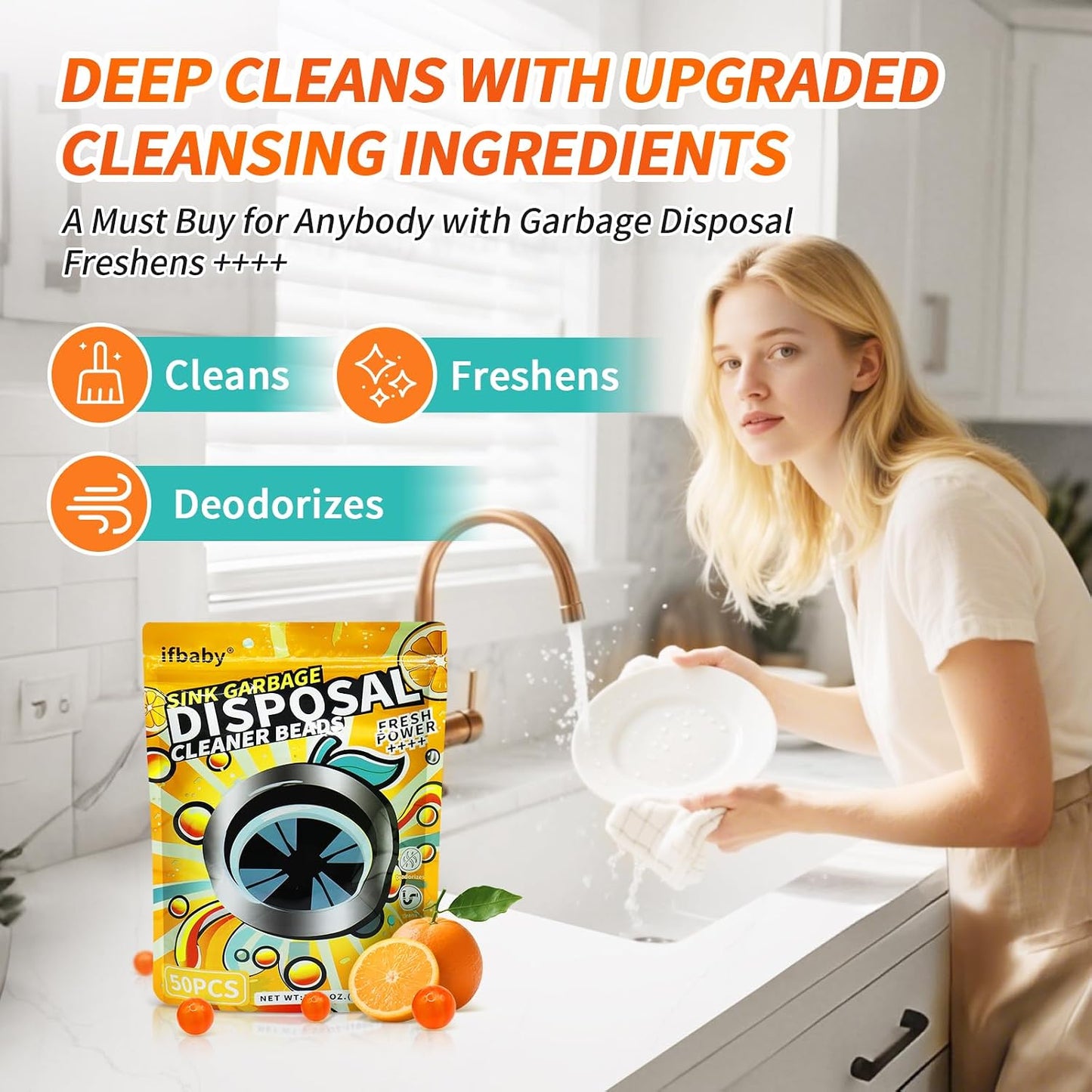 50 Count Garbage Disposal Cleaner and Deodorizer – Sink Odor Eliminator, New Powerful XL Sink Drain Freshener Pods | Dissolves Grease, Eliminates Odors, Lemon Zest Scent