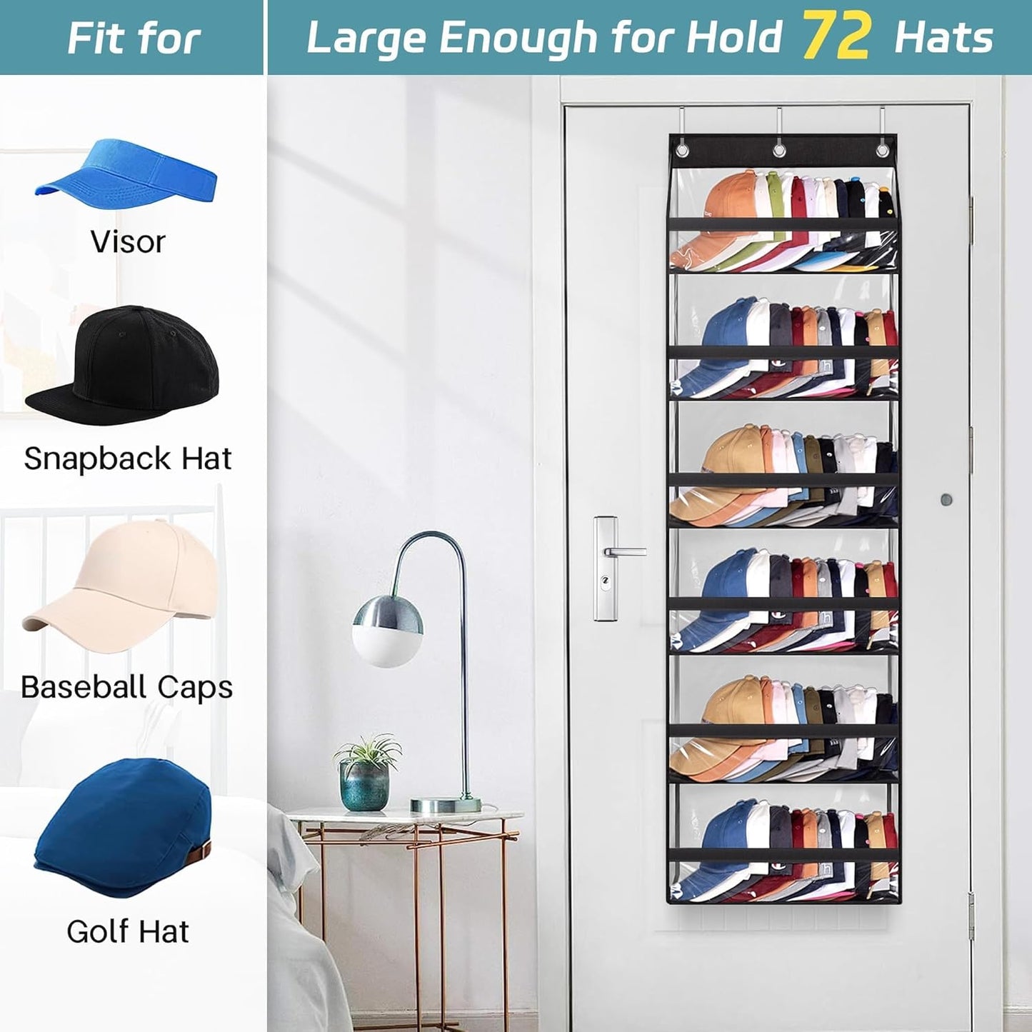 AOODA Clear Over the Door Hat Racks for Baseball Caps, Large Holds up to 72 Caps Hat Storage Organizer for Closet Wall, Deep Pockets Hanging Snapback Holder Shelves with 3 Hooks, White