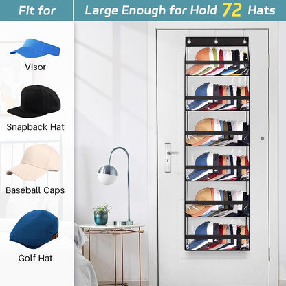 AOODA Clear Over the Door Hat Racks for Baseball Caps, Large Holds up to 72 Caps Hat Storage Organizer for Closet Wall, Deep Pockets Hanging Snapback Holder Shelves with 3 Hooks, White