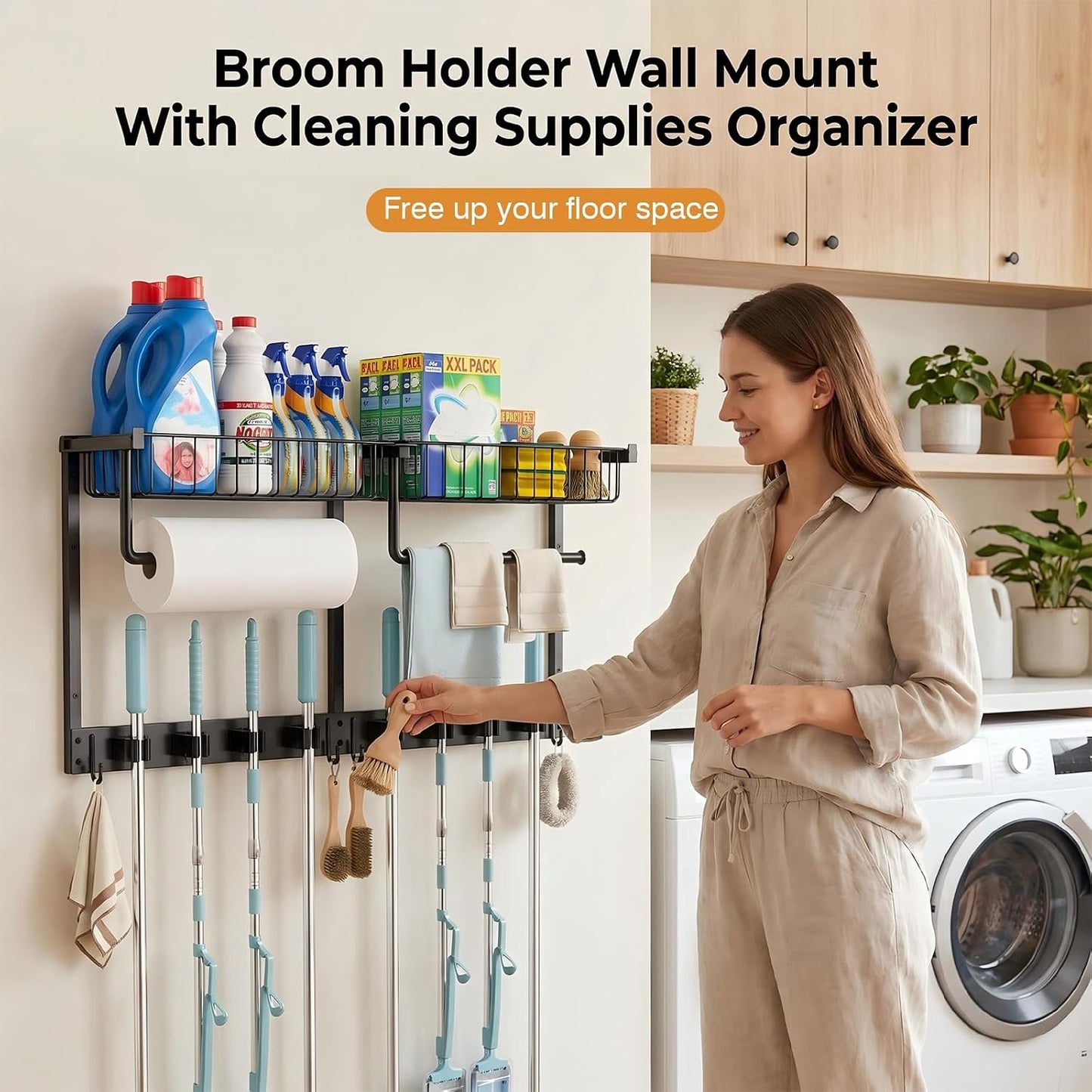 Broom Holder Wall Mount, Broom and Mop Organizer Wall Hanging with Paper Towel Holder & Removable Anti-fall Basket, Wall Mount Cleaning Supplies Organizer for Laundry Room, Apartment, Utility Room