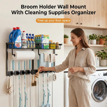 Broom Holder Wall Mount, Broom and Mop Organizer Wall Hanging with Paper Towel Holder & Removable Anti-fall Basket, Wall Mount Cleaning Supplies Organizer for Laundry Room, Apartment, Utility Room