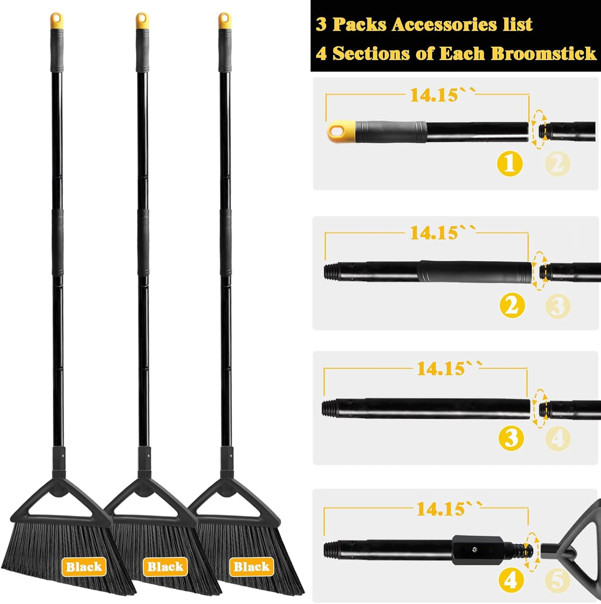 Heavy Duty Broom Outdoor and Indoor, 2 Pack Commercial Angle Brooms with Longer Handle, Perfect Black Broom for Garage, Kitchen, Courtyard, Restaurant