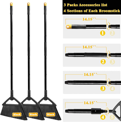 Heavy Duty Broom Outdoor and Indoor, 2 Pack Commercial Angle Brooms with Longer Handle, Perfect Black Broom for Garage, Kitchen, Courtyard, Restaurant
