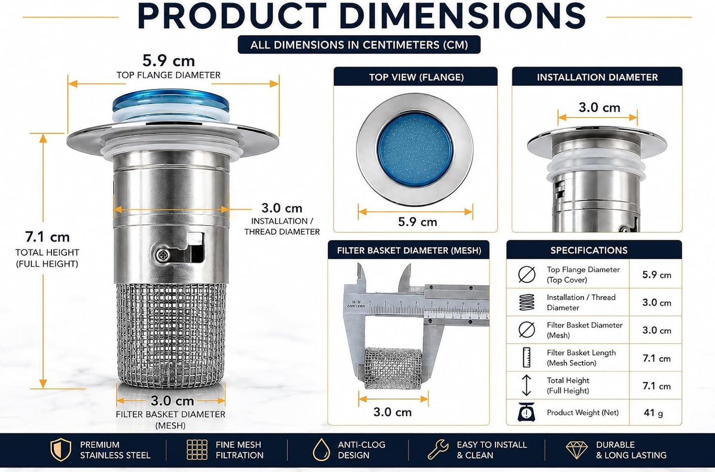 Stainless Steel Sink Drain Strainer Basket, Fine Mesh Kitchen Sink Filter with Hair Catcher, Anti-Clog Food Debris Catcher, Removable Basket, 5.9 cm Flange, 3 cm Filter Diameter