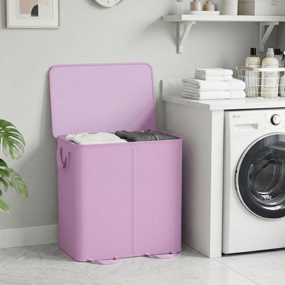 Lifewit Double Laundry Hamper with Lid and Removable Laundry Bags, Large Collapsible 2 Dividers Dirty Clothes Basket with Handles for Bedroom Laundry Room Closet Bathroom College, 136L Beige