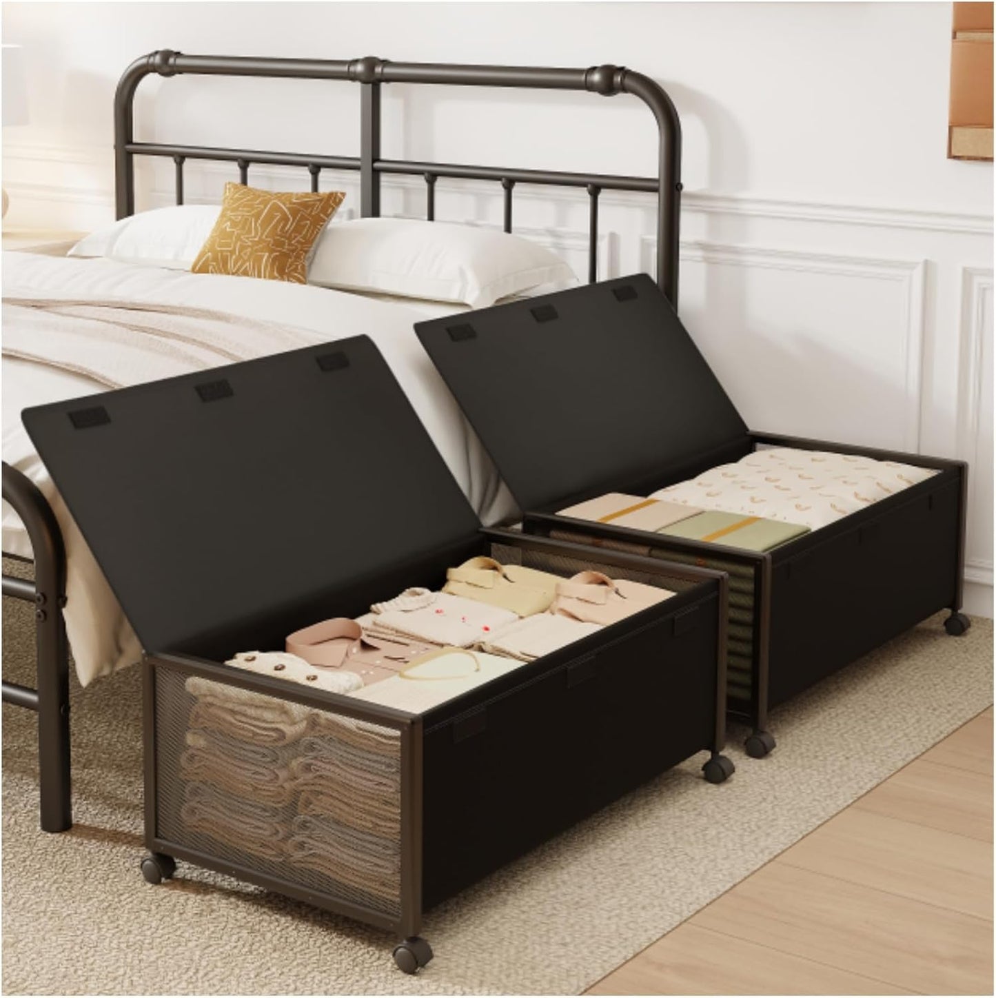 2 Pack Under the Bed Storage Containers,10 inch Height Under Bed Shoe Storage,31inch Long Underbed Storage with Wheels,Large Rolling under bed Clothes Storage Drawers with Lid for Dorm Tall ,Black