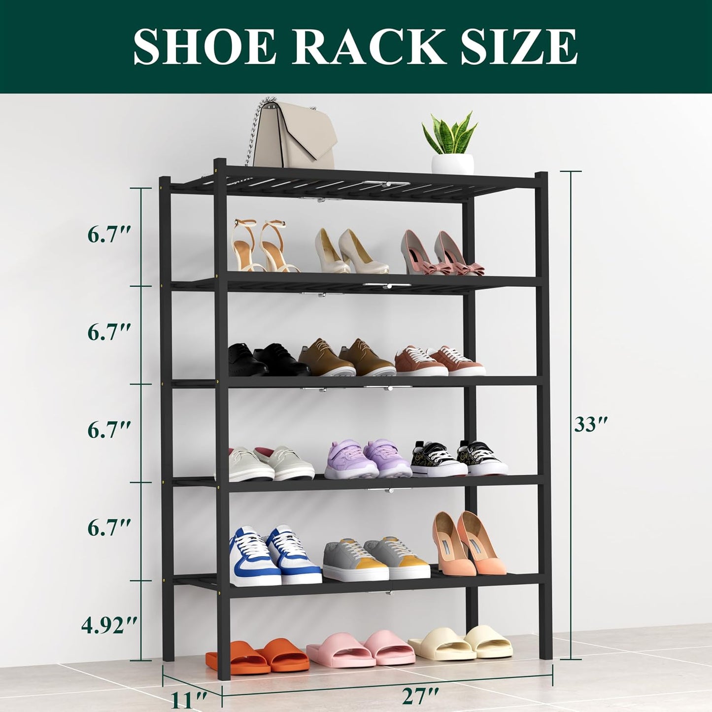 Smiry Bamboo Shoe Rack, 3 Tier Free Standing Wooden Shoe Organizer, Stackable Wood Shoe Storage Shelf for Closet, Entryway, 12 Vertical Slats, 2+1 Stack Standard Legs, 26.8"x11"x19.5", Natural