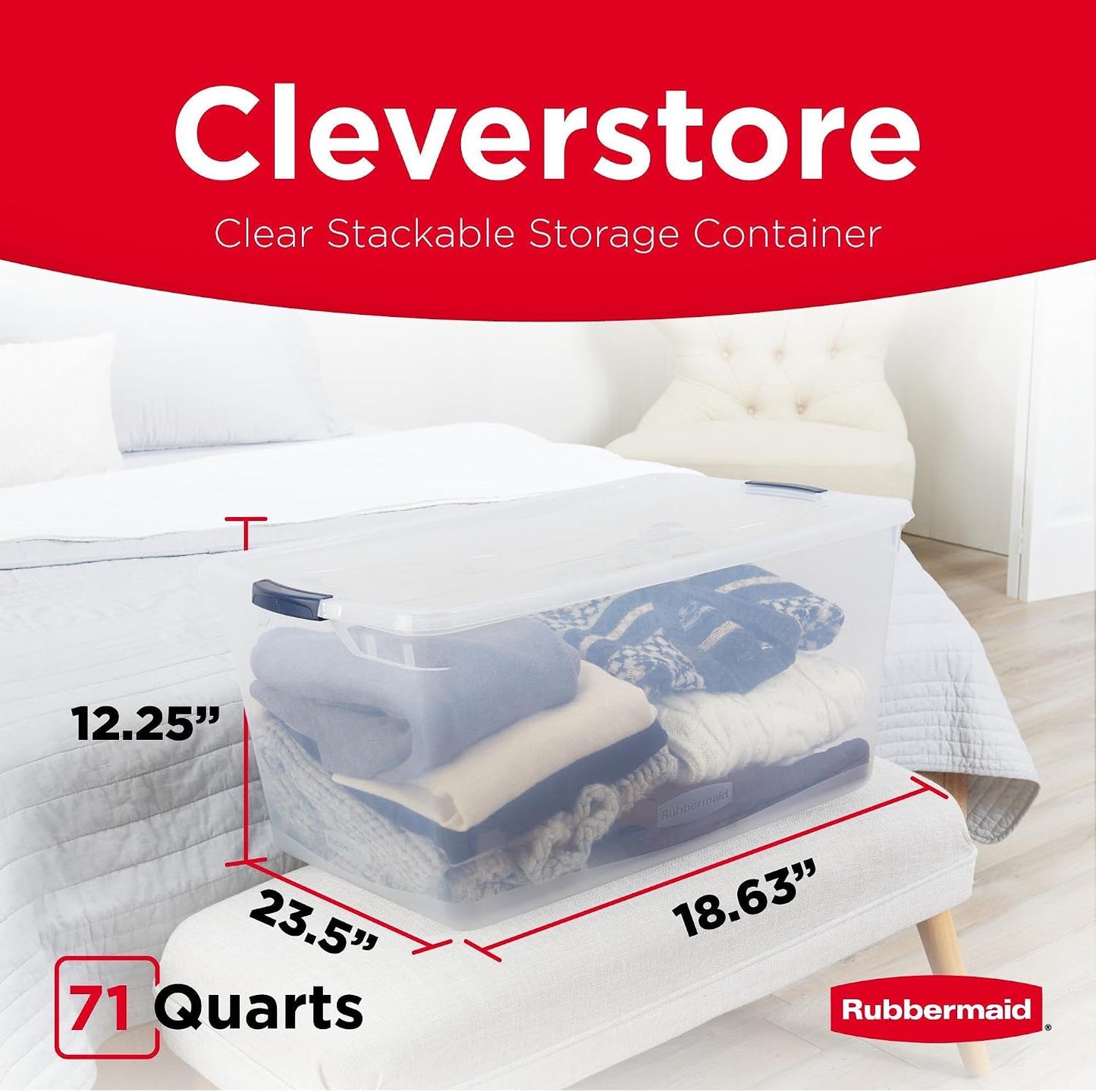 Rubbermaid Cleverstore 42 Quart Stackable Plastic Storage Bin with Lids for Garage, Closet, and Classroom, Clear, 4 Pack