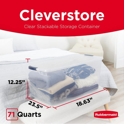 Rubbermaid Cleverstore 42 Quart Stackable Plastic Storage Bin with Lids for Garage, Closet, and Classroom, Clear, 4 Pack