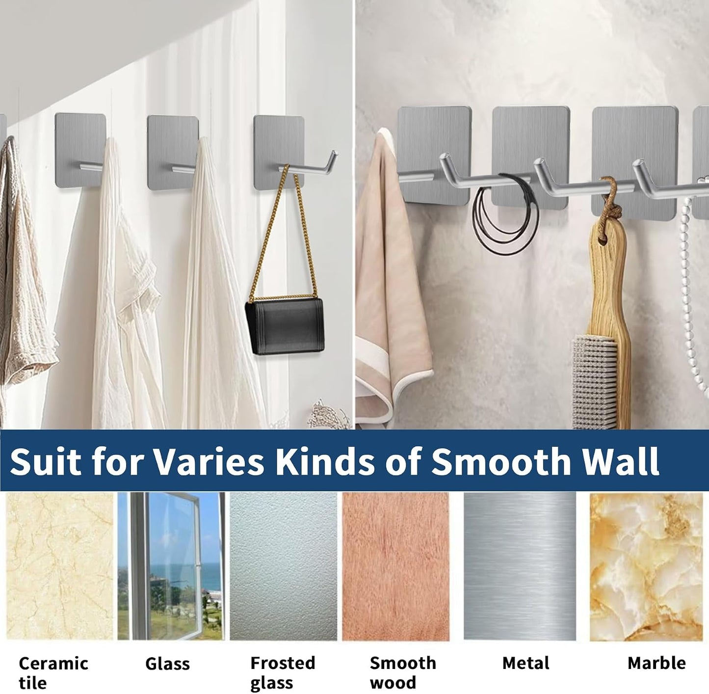 Hawsam 6 Pack Self Adhesive Wall Hooks for Hanging Heavy Duty 44LB(Max) Adhesive Towel Hooks 304 Stainless Steel Sticky Hooks for Robe Coat, Waterproof Shower Hooks for Bathroom Kitchen