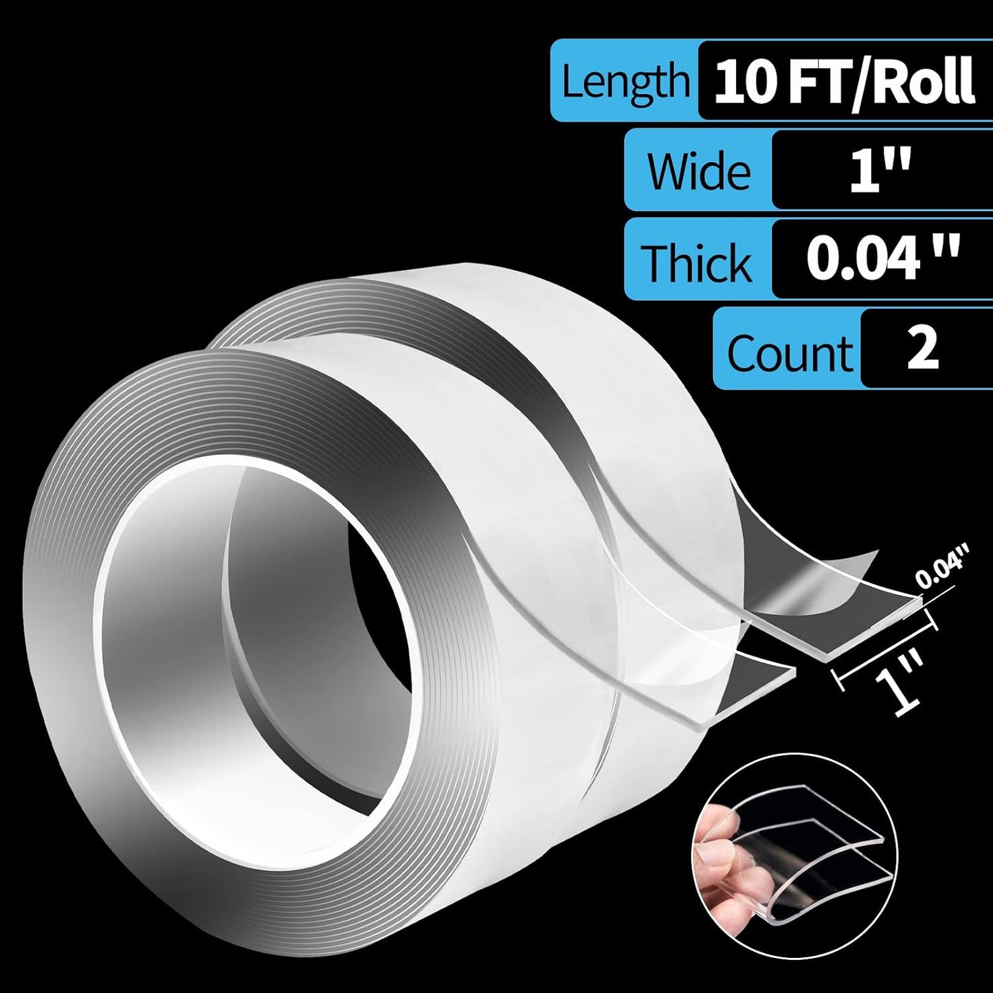 Art3d Double-Sided Tape (4-Roll of 10FT), Removable, Traceless, Washable, Reusable - Multipurpose Tape as Seen on TV (1/24" x 1/2" x 10', 4)