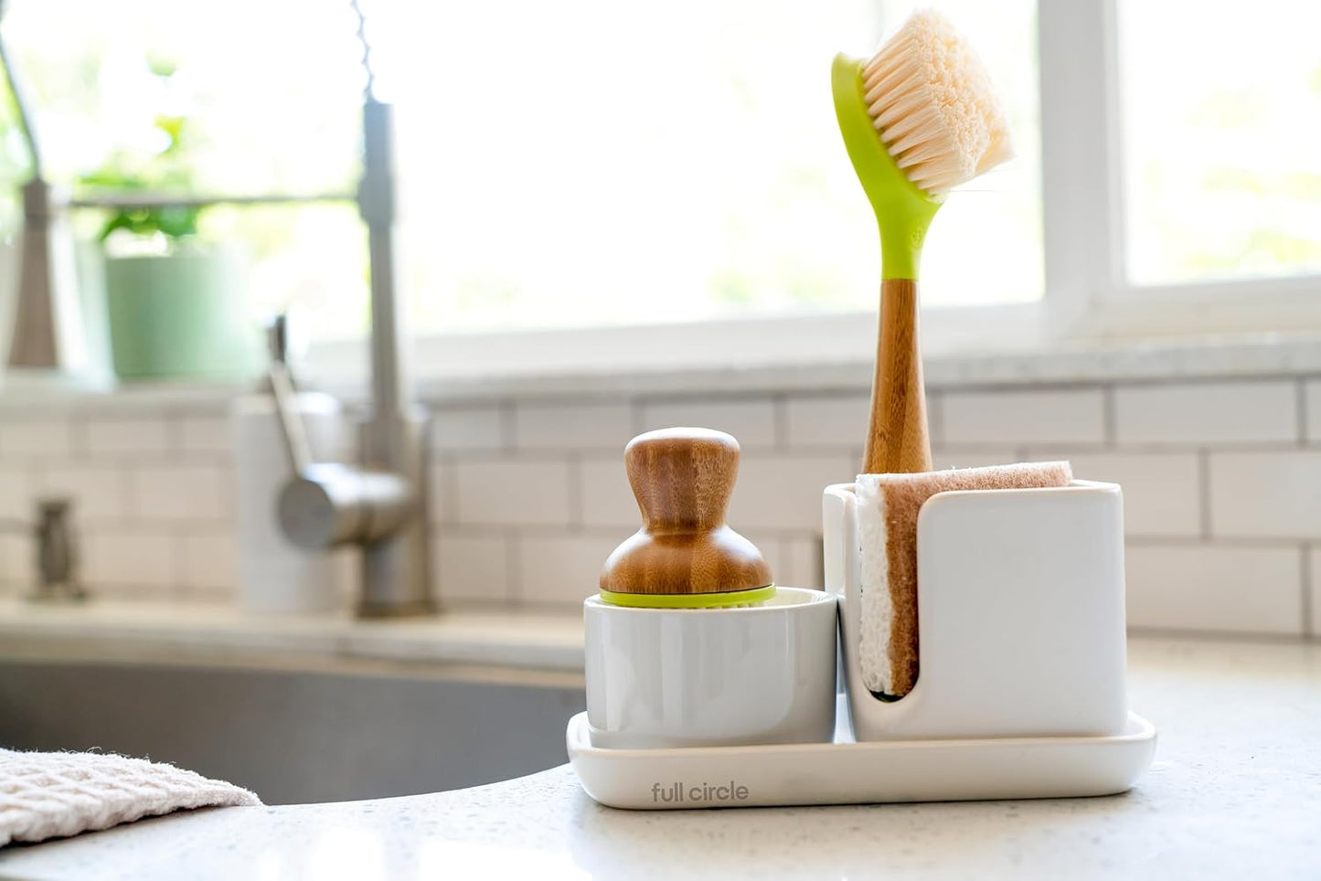 Full Circle Stash, Ceramic Kitchen Sink Caddy, Stylish Sponge Holder & Dish Brush Organizer, Easy to Clean, Dishwasher Safe, Rustproof, White and Gray, 11"