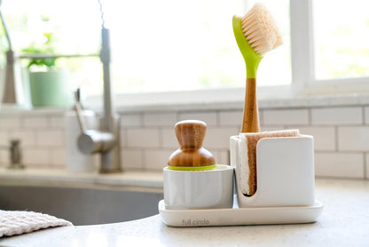 Full Circle Stash, Ceramic Kitchen Sink Caddy, Stylish Sponge Holder & Dish Brush Organizer, Easy to Clean, Dishwasher Safe, Rustproof, White and Gray, 11"