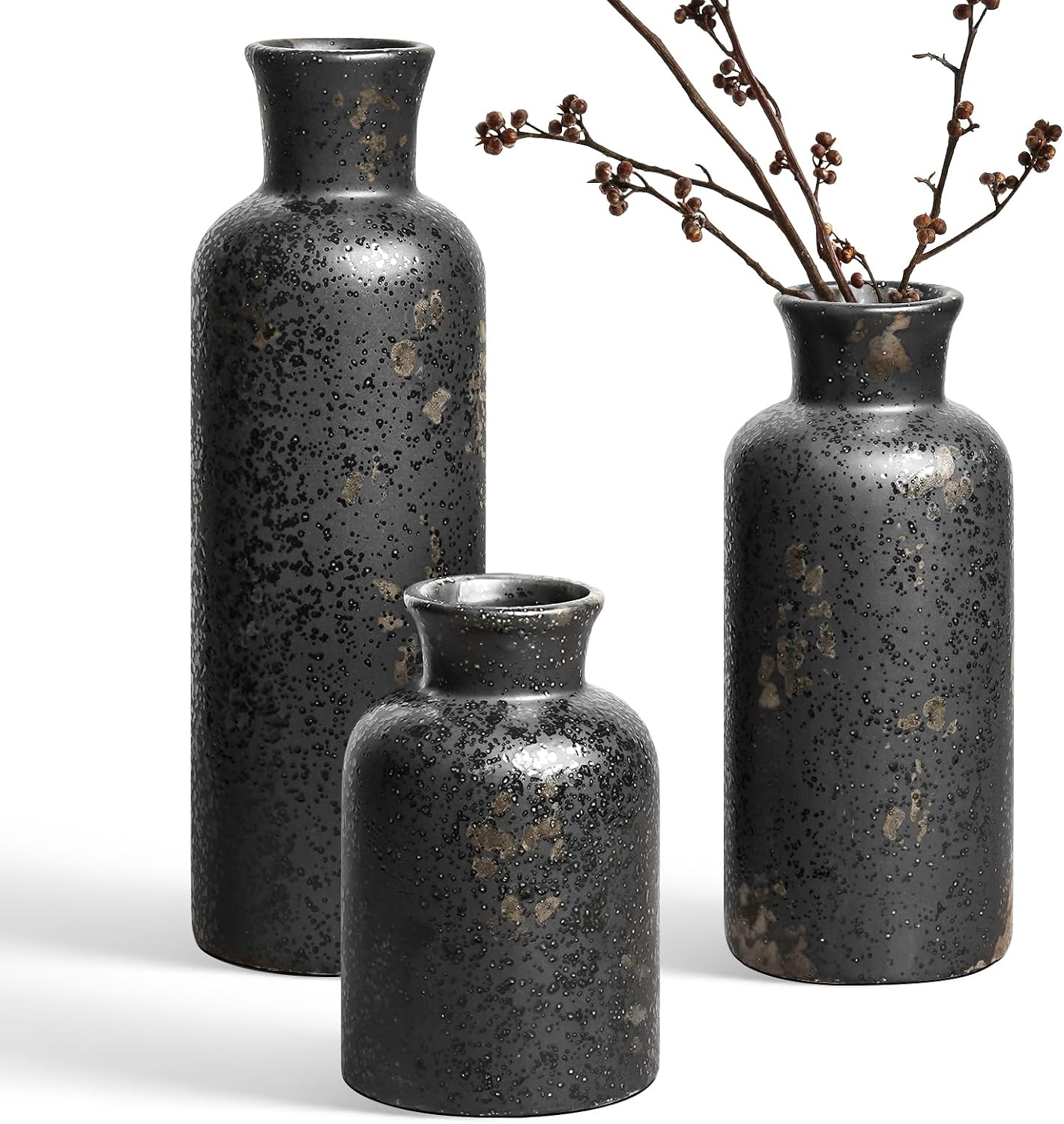 LE TAUCI Ceramic Vase Set of 3, Matte Flower Vases for Fresh or Dried Flowers, Modern Farmhouse Home Decor for Coffee Table, Mantel, Shelf, Entryway, Speckled White