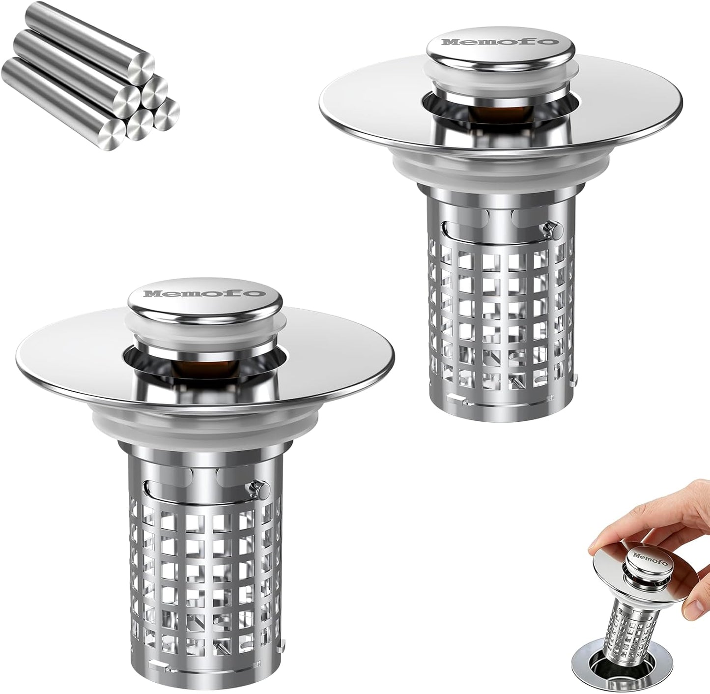 Bathroom Sink Drain Strainer(2PCS), Stainless Steel Pop-up Strainer Basket Hair Catcher with Removable Basket, Brass Bullet Core, Universal Fit 1.1-2.36 Inch