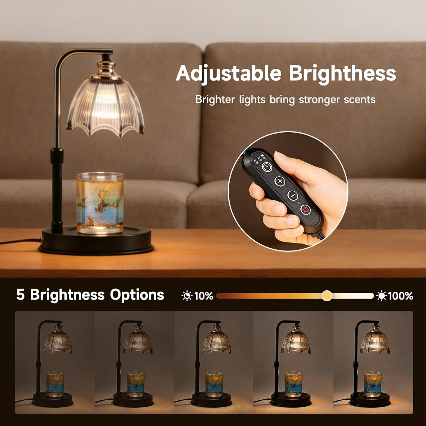 Candle Warmer Lamp with Timer, Dimmer, Vintage Glass Shade | Adjustable height, 2/4/8-hour timer, wood base, 2 bulbs included