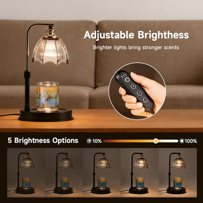 Candle Warmer Lamp with Timer, Dimmer, Vintage Glass Shade | Adjustable height, 2/4/8-hour timer, wood base, 2 bulbs included