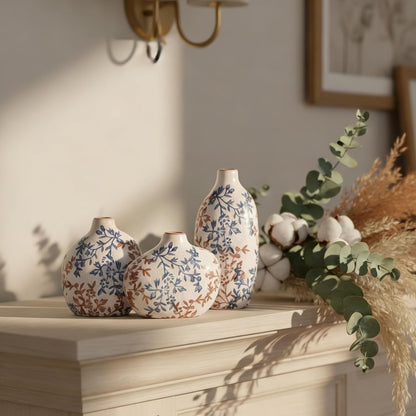 Small Ceramic Vase Set of 3,Bulk Mini Bud Vases for Flowers and Pampas Grass,Cute Boho Ellipse Home Decor for Coffee Table Centerpieces,Living Room,Office,Bookshelf,Entryway Decor (Green Floral)