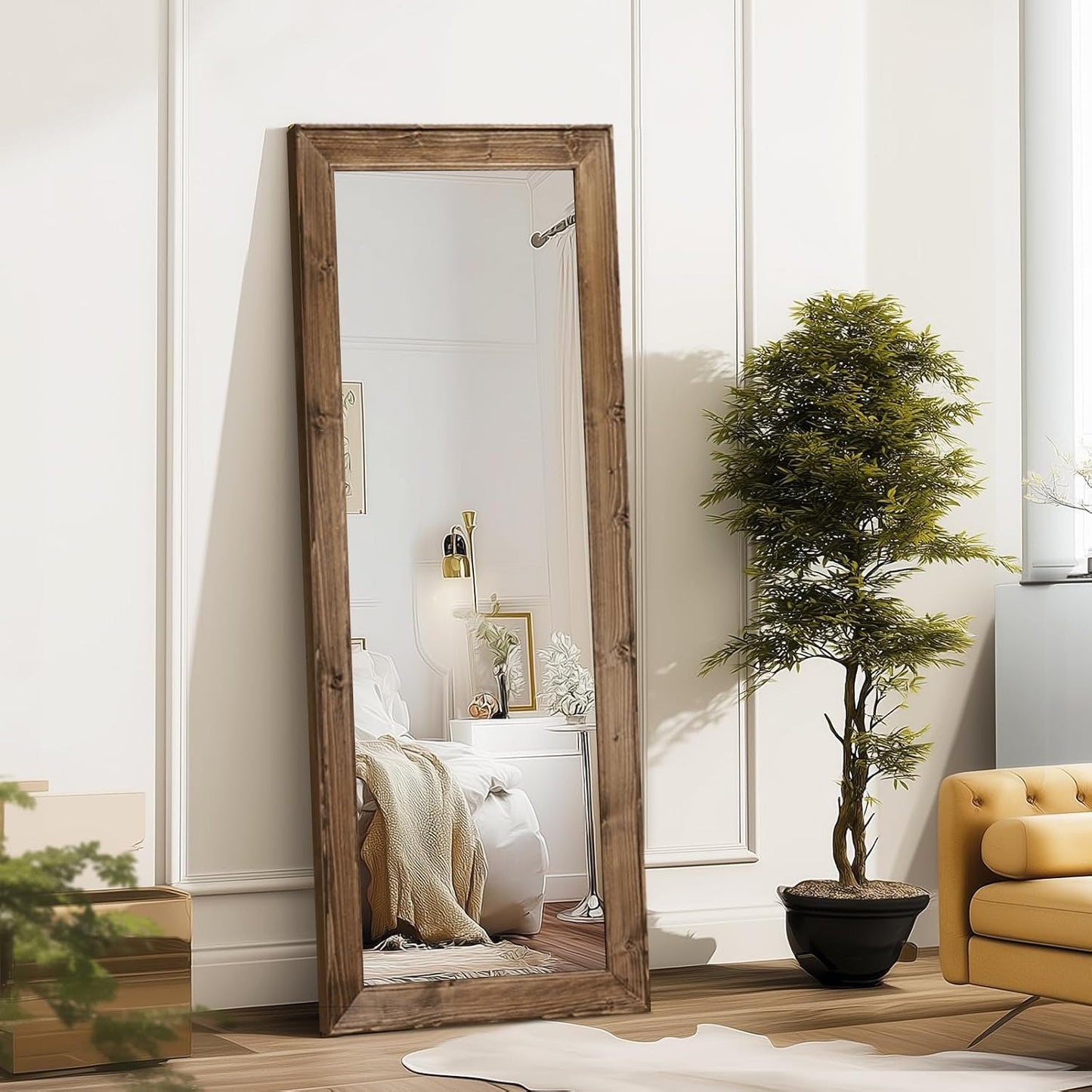 Solid Wood Full Length Mirror - 65"x22" Arched Floor Mirror, Free Standing & Wall Mounted - Elegant Design for Bedroom, Dressing Room, Hallway, Brown