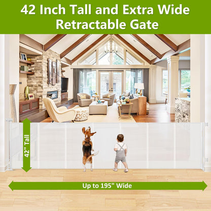 Newly Enhanced - 42" Tall × 120" Extra Wide Retractable Baby Gate Keeps Pets from Getting Under Tall Dog Gate, Indoor/Outdoor Baby Gates for Dogs, Retractable Dog Gate for Large Openings, White