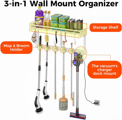 Broom Holder Wall Mount with Shelf,Broom Hanger,3 in 1 Broom and Mop Organizer Wall Hanging for Laundry,Garage,Utility,Broom Rack,Vacuum Stand Alternative,Cleaning Supplies Organizer Storage,White,L