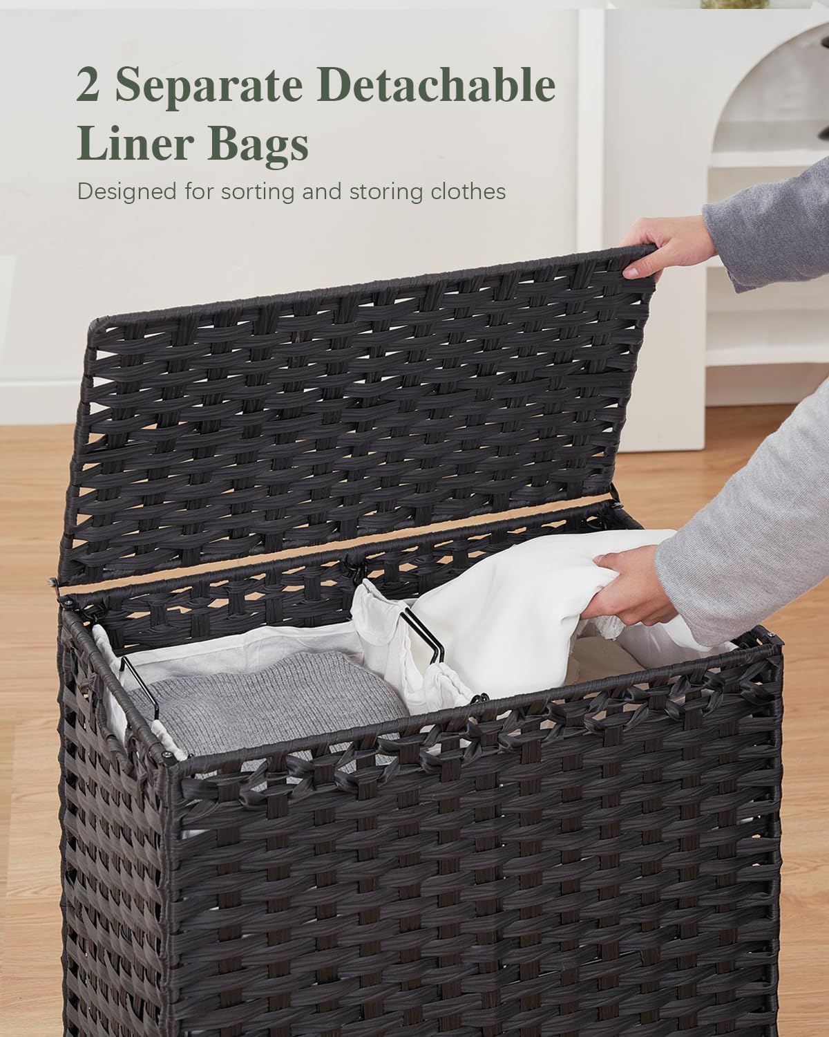 SETVSON Laundry Hamper with Lid 132 L, (35 Gallons) Clothes Hamper with Lid, Handwoven Rattan Laundry Hamper with Metal Heightened Feet, Laundry Hampers with 3 Removable Liner Bags for Laundry-Natural