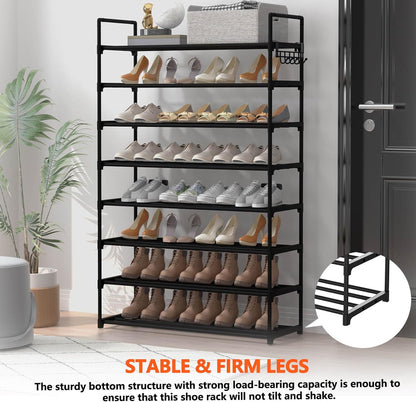 Hsscblet 5 Tiers Metal Shoe Rack,Adjustable Shoe Shelf Storage Organizer with Hooks,Stackable Boot & Shoe Storage,for Entryway,Hallway,Closet,Black