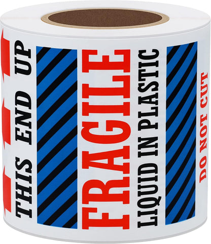Hybsk 3 x 5 Fragile Liquid in Plastic This End Up Safe Handling Stickers for Shipping and Packing - 100 Adhesive Labels Per Roll