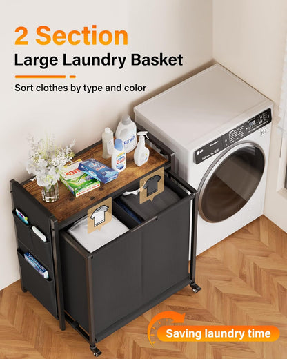 Laundry Hamper Sorter 2 Section 103L: Rolling Laundry Basket Organizer with Wheels & Shelf & Oxford Fabric Bags - Clothes Hamper with Shelf 2 Compartment for Room Organization and Storage