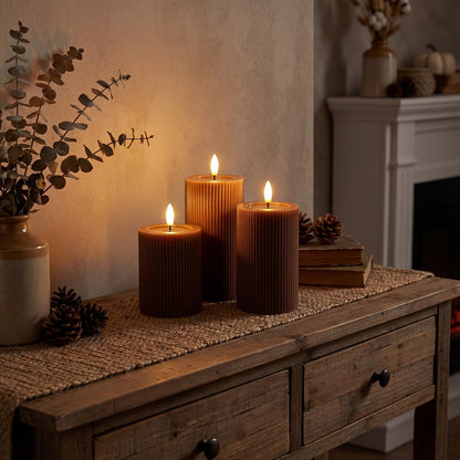 Fluted Ribbed LED Pillar Candles, Cream Beige, with Reflective Melted-Wax Effect – Flickering Flame, Remote, Dimmable, Flameless, Battery Operated, Home & Wedding Decor (Set of 3)