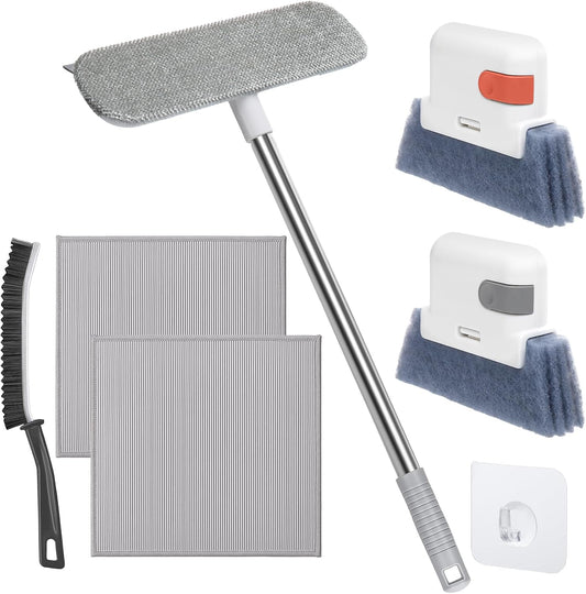 XANGNIER Window Screen Cleaner & Track Cleaning Kit-Mesh Screen Cleaner Brush with Extension Pole,Window Sill and Track Cleaner Tool Washing Equipment,28″Detachable Long-Reach Handle,Wet&Dry Dual-Use