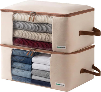 Chaos Cleared Canvas Storage Bags Designer Organizer for Comforters 2 Pack – Seasonal Storage for Pillows, Blankets, Linens & Garments – Foldable Design with Zip & Window, Moth-Proof Space Saver