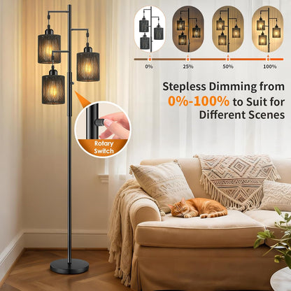 Hotsonic 72" Tall Boho Rattan Style Floor Lamp with Hand-Woven Paper Cord Shade, Dimmable Industrial Tree Standing Lamp for Living Room, Bedroom, Study Room, Office (3 x 800LM Bulbs Included) - Black