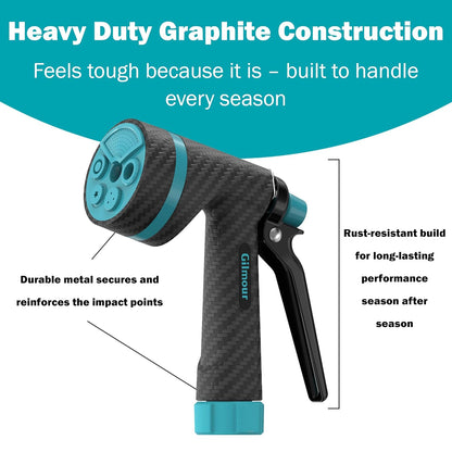 Gilmour Heavy Duty Garden Hose Nozzle, Swivel Connect, 5 Spray Patterns, Ergonomic Grip, Flow Control, Trigger Lock, Thumb Control