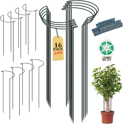 24 Pack Plant Support Stake, Half Round Metal Garden Plant Stake, Green Plant Support Ring, Border Support with Plant Lables & Plant Clips for Outdoor Indoor Plants, Vegetable, Flowers