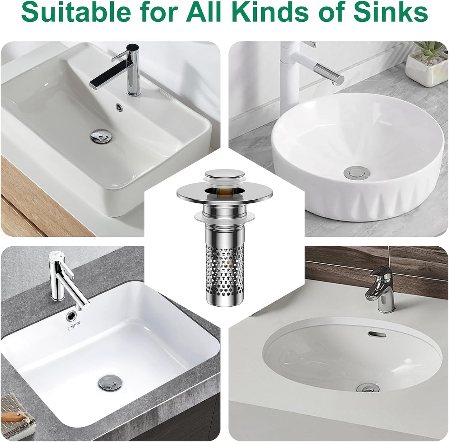 Bathroom Sink Drain Strainer,Universal Pop-Up Sink Stopper Hair Catcher, Anti-Clog Stainless Steel Drain Filter Basket, Removable Sink Drain for Bathroom Sink Stopper
