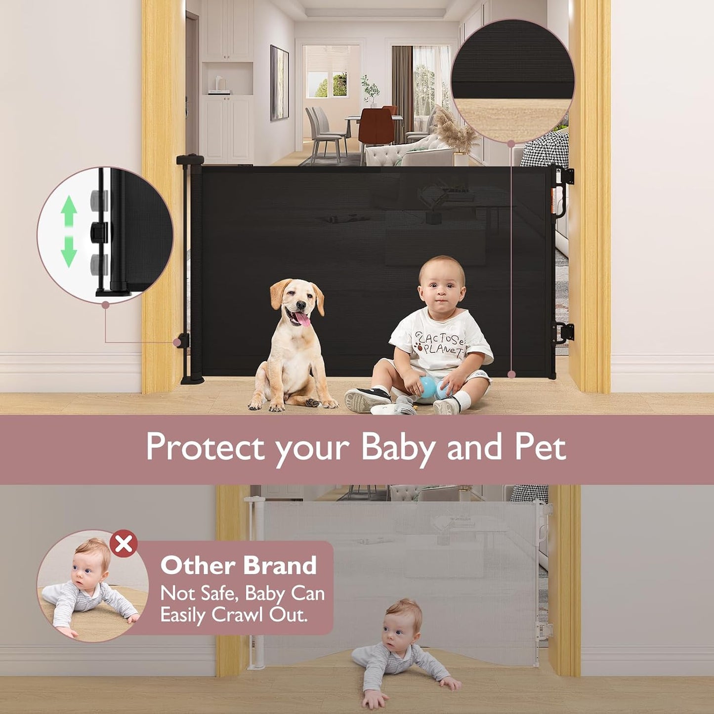 Retractable Baby Gate, Momcozy Mesh Baby Gate or Mesh Dog Gate, 33" Tall,Extends up to 55" Wide, Child Safety Gate for Doorways, Stairs, Hallways, Indoor/Outdoor
