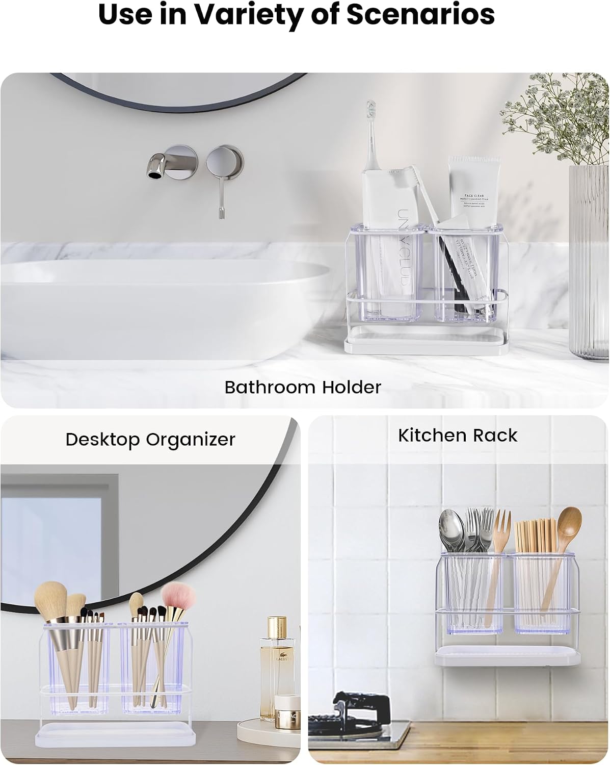 KONE Green Toothbrush Holders for Bathrooms, 2 Cups Toothbrush Holders Wall Mounted, Dry & Wet Separation, Bathroom Organizers and Storage, Bathroom Toothbrush Holder Set for Family Kids