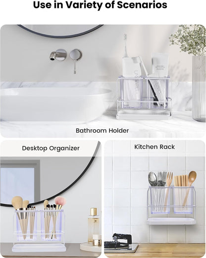 KONE Green Toothbrush Holders for Bathrooms, 2 Cups Toothbrush Holders Wall Mounted, Dry & Wet Separation, Bathroom Organizers and Storage, Bathroom Toothbrush Holder Set for Family Kids
