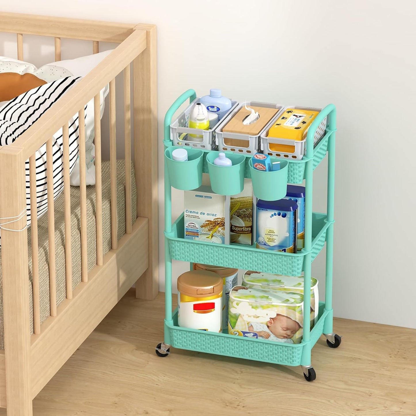 MOYIPIN 3-Tier Plastic Rolling Utility Cart with Handle,Utility Storage Cart for Office, Living Room, Kitchen,Movable Storage Organizer Shelves,White